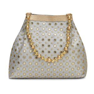 9309 Elegant Evening Potli Bag , Pearl Beaded Handle Grey